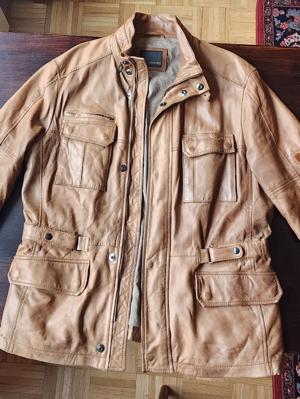 Vintage STONES Lambskin Leather Field Jacket Tan Brown Utility Coat Mens Medium